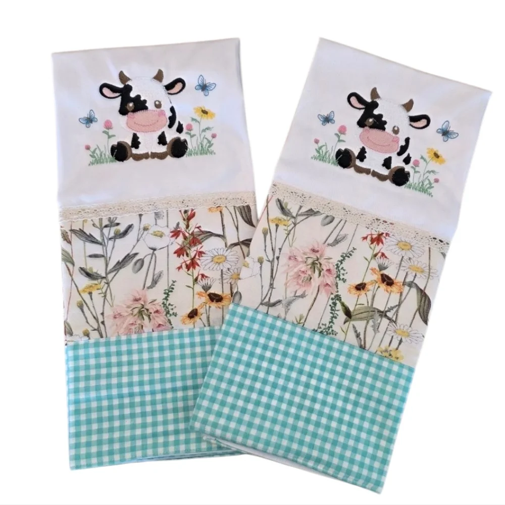 Handcrafted Embroidered Floral & Country Cow Tea Hand Towels Set Of 2 18